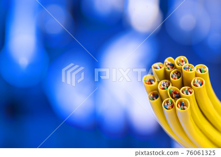Cross-section of the network cable. Technological background. Wire. Macro photo Cross-section of the network cable. Technological background. Wire. Macro photo 76061325