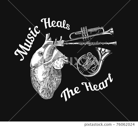 Music heals the heart in vintage style. Jazz Musical Trombone Trumpet Flute French horn Saxophone 76062024