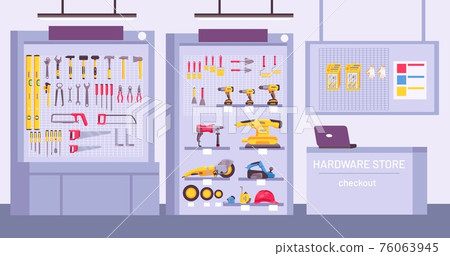 Hardware store interior. Shop with counter, shelves with assortment, instruments for home repair. Construction tools offer vector concept 76063945