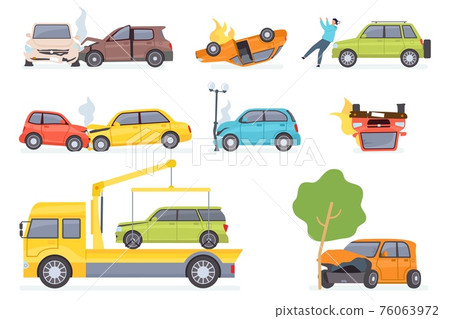 Cars accident. Insurance transportation on tow truck, auto collision with tree or street light, hitting pedestrian. Vehicle crash vector set Cars accident. Insurance transportation on tow truck, auto collision with tree or street light, hitting pedestrian. Vehicle crash vector set 76063972