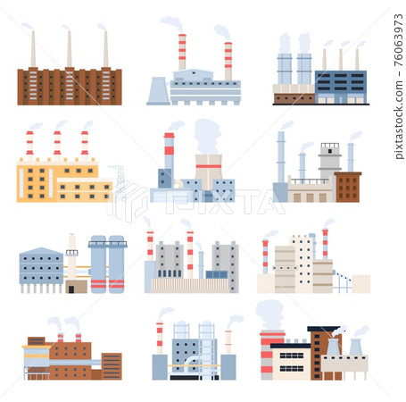 Manufacturing factory. Industrial building, electricity station, nuclear power plant and chemical complex with chimney. Factories vector set Manufacturing factory. Industrial building, electricity station, nuclear power plant and chemical complex with chimney. Factories vector set 76063973