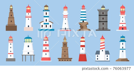 Sea beacons. Coast lighthouse with searchlight beam. Cartoon navigation tower for sailing ship. Marine lighthouses on ocean shore vector set Sea beacons. Coast lighthouse with searchlight beam. Cartoon navigation tower for sailing ship. Marine lighthouses on ocean shore vector set 76063977