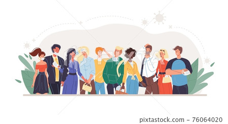 Flat cartoon characters wear masks, coronavirus Covid-19 prevention vector illustration concept 76064020