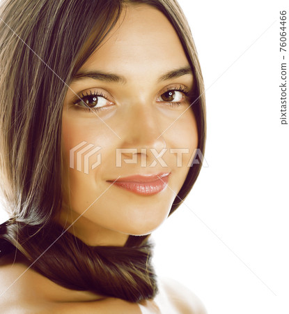 young fresh brunette tan girl with beauty hairstyle isolated on white close up, soft spa face young fresh brunette tan girl with beauty hairstyle isolated on white close up, soft spa face 76064466