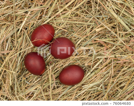 Easter eggs, painted with onion husks lie on the hay. Easter eggs, painted with onion husks lie on the hay. 76064680