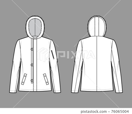 N-2B flight jacket technical fashion illustration with oversized, fur hood, long sleeves, flap pockets, button opening 76065004