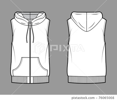 Hooded vest puffer waistcoat technical fashion illustration with sleeveless, kangaroo pouch, zip-up closure, oversized 76065008