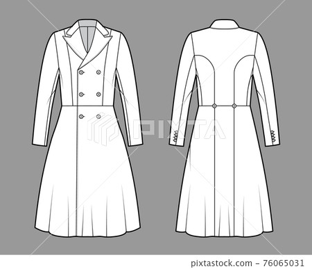 Redingote coat technical fashion illustration with double breasted, fitted, long sleeves, peak lapel collar, knee length 76065031