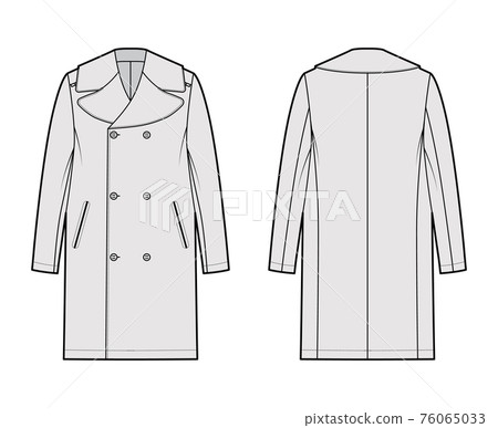 Reefer overcoat technical fashion illustration with double breasted, knee length, tailored button-up collar, epaulettes Reefer overcoat technical fashion illustration with double breasted, knee length, tailored button-up collar, epaulettes 76065033