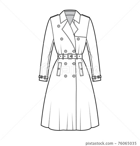 Full Trench coat technical fashion illustration with belt, double breasted, sleeves, napoleon lapel collar, storm flap. Full Trench coat technical fashion illustration with belt, double breasted, sleeves, napoleon lapel collar, storm flap. 76065035