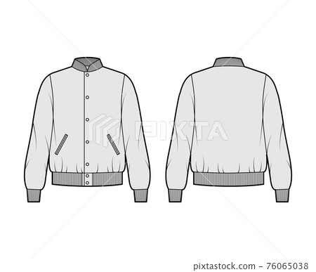 Varsity Bomber jacket technical fashion illustration with Rib baseball collar, cuffs, jetted pockets, buttons fastening Varsity Bomber jacket technical fashion illustration with Rib baseball collar, cuffs, jetted pockets, buttons fastening 76065038