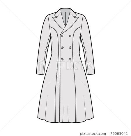 Princess line coat technical fashion illustration with double breasted, fitted body, peak lapel collar, knee length Princess line coat technical fashion illustration with double breasted, fitted body, peak lapel collar, knee length 76065041