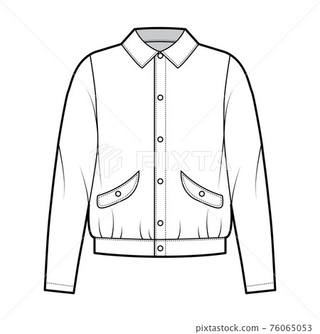 Blouson jacket technical fashion illustration with classic collar, oversized, long sleeves, flap pockets, snap fastening 76065053