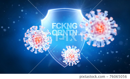 COVID-19 virus cell under the microscope. Coronavirus attacks shield with inscription. Coronavirus concept 3D rendering 76065056