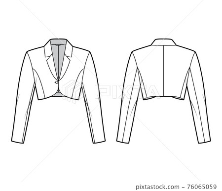 Bolero jacket technical fashion illustration with crop waist length, long sleeves, notched collar, button closure. Flat Bolero jacket technical fashion illustration with crop waist length, long sleeves, notched collar, button closure. Flat 76065059