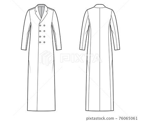 Classic coat technical fashion illustration with maxi floor ankle length, long sleeves, notched collar, double breasted 76065061