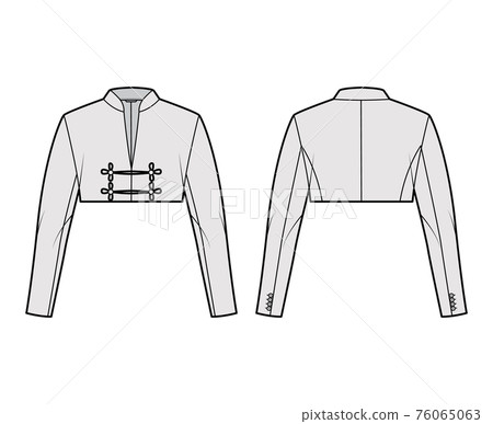 Spencer jacket technical fashion illustration with crop length, long sleeves, stand collar, button frog closure blazer 76065063