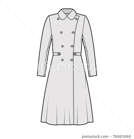 Skating coat technical fashion illustration with tabs, double breasted, long sleeves, round collar, A-line silhouette Skating coat technical fashion illustration with tabs, double breasted, long sleeves, round collar, A-line silhouette 76065068