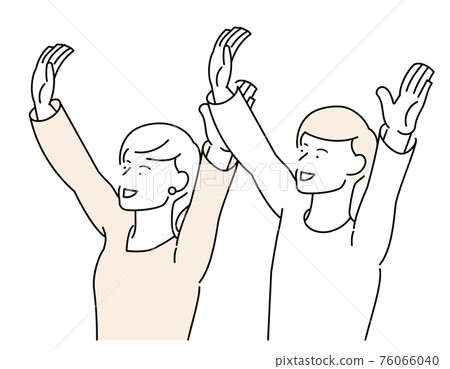 Illustration of men and women raising both hands with a smile 76066040