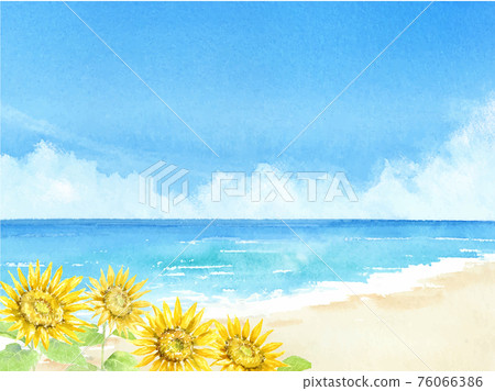 海、向日葵和藍天夏季背景水彩插圖 76066386