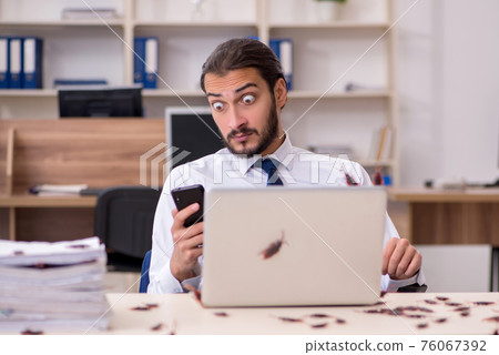 Young male employee and too many cockroaches in the office 76067392
