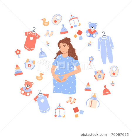 Flat pregnant woman on white baby background - Stock