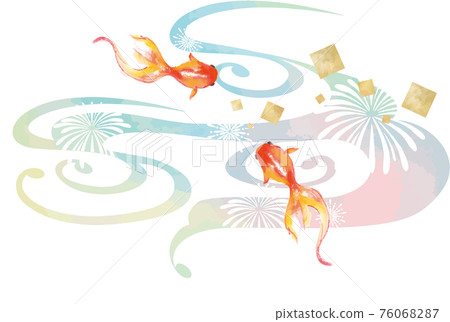 Japanese style background material of watercolor goldfish and fireworks 76068287