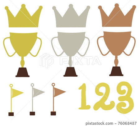 金、銀、銅牌皇冠和旗幟 76068487