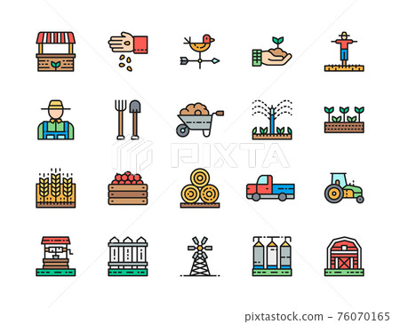 Set of Farming Flat Color Line Icons. Farmer, Tractor, Millwheel and more. 76070165