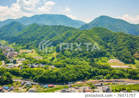 Yamagata's famous temple, fresh green Risshakuji (Yamadera), view from the Godaido Yamagata's famous temple, fresh green Risshakuji (Yamadera), view from the Godaido 76071707