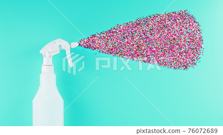 Multicolored aerosol balloons on a blue background with free space. Isolate, top view. 76072689