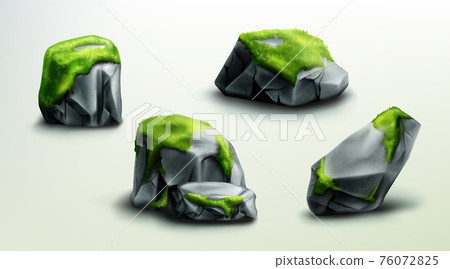 Mountain rocks with green moss, stones vector set 76072825