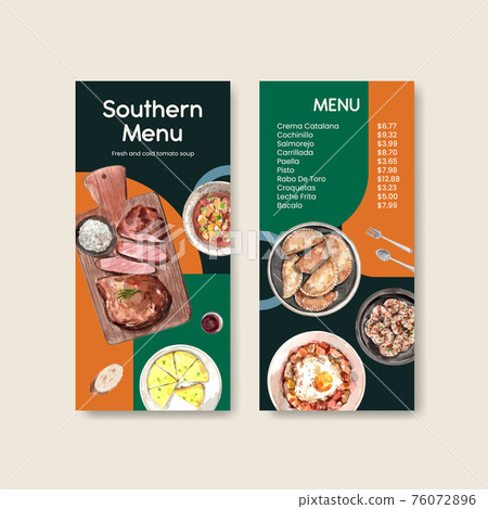 Menu template with Spain cuisine concept design for bisto and restaurant watercolor illustration Menu template with Spain cuisine concept design for bisto and restaurant watercolor illustration 76072896