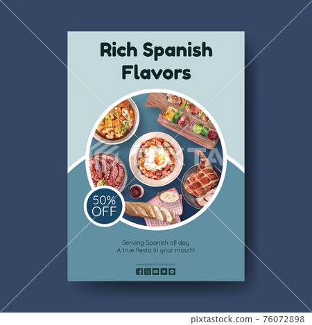 Poster template with Spain cuisine concept design for brochure and leaflet watercolor illustration Poster template with Spain cuisine concept design for brochure and leaflet watercolor illustration 76072898