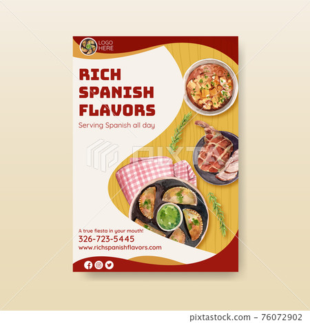 Poster template with Spain cuisine concept design for brochure and leaflet watercolor illustration Poster template with Spain cuisine concept design for brochure and leaflet watercolor illustration 76072902
