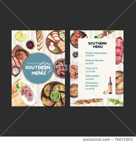Menu template with Spain cuisine concept design for bisto and restaurant watercolor illustration Menu template with Spain cuisine concept design for bisto and restaurant watercolor illustration 76072903
