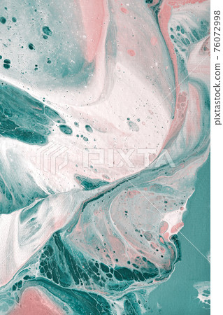 Acrylic Fluid Art. White, blue and pink colors flow on canvas. Digital decor. Abstract stone background or texture 76072998