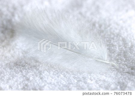 White bird feather lies on towel closeup 76073478