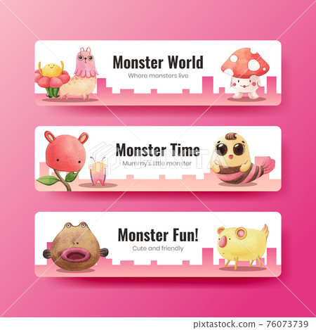 Banner template with monster concept design watercolor illustration 76073739