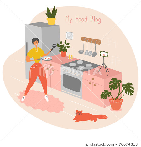 Food blogger stands at stove in kitchen. Video online cooking lessons. Woman shares recipes with followers. Female influencer filming lesson on camera for video channel in kitchen studio. Flat cartoon Food blogger stands at stove in kitchen. Video online cooking lessons. Woman shares recipes with followers. Female influencer filming lesson on camera for video channel in kitchen studio. Flat cartoon 76074818