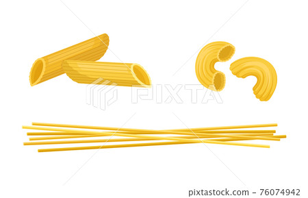 Macaroni as Dry Shaped Pasta Made with Durum Wheat Vector Set Macaroni as Dry Shaped Pasta Made with Durum Wheat Vector Set 76074942