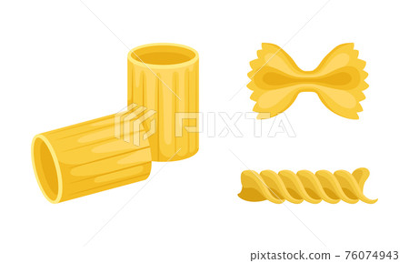 Macaroni as Dry Shaped Pasta Made with Durum Wheat Vector Set Macaroni as Dry Shaped Pasta Made with Durum Wheat Vector Set 76074943