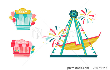 Amusement Park with Ride Attractions for Entertainment Vector Set Amusement Park with Ride Attractions for Entertainment Vector Set 76074944