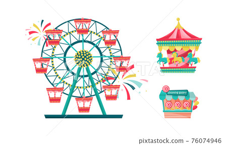 Amusement Park with Ride Attractions for Entertainment Vector Set Amusement Park with Ride Attractions for Entertainment Vector Set 76074946