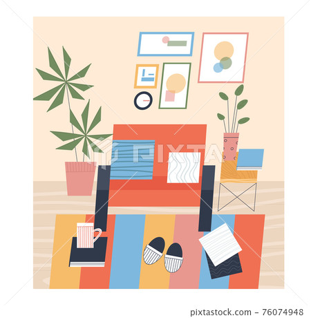 Flat interior with a chair, coffee table and a flower in a pot. Vector 76074948