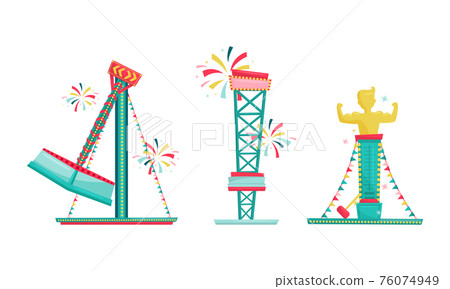 Amusement Park with Ride Attractions for Entertainment Vector Set Amusement Park with Ride Attractions for Entertainment Vector Set 76074949