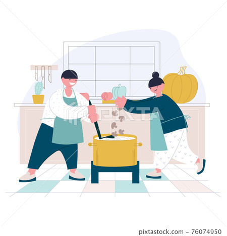 Two children - a girl and a boy - are in the kitchen in a large pot cooking mushroom and pumpkin soup. Flat style, vector. Two children - a girl and a boy - are in the kitchen in a large pot cooking mushroom and pumpkin soup. Flat style, vector. 76074950