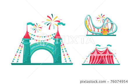 Amusement Park with Ride Attractions for Entertainment Vector Set Amusement Park with Ride Attractions for Entertainment Vector Set 76074954