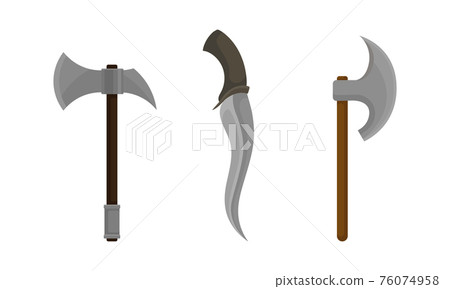 Medieval Cold Steel Arms or Blade Weapon with Hatchet and Dagger Vector Set Medieval Cold Steel Arms or Blade Weapon with Hatchet and Dagger Vector Set 76074958