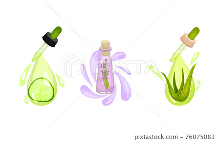 Cosmetic Oil with Aloe Vera and Lavender in Jar with Drops on Pipette Vector Set 76075081